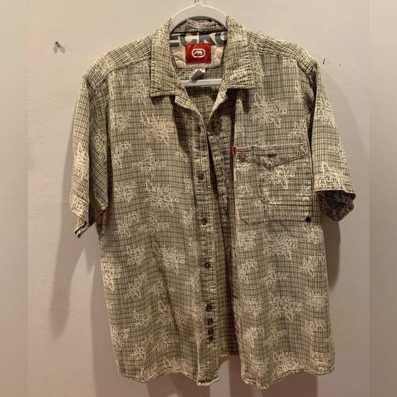 Ecko Men’s Medium Short Sleeve Button Down Tiki Olive Green-Brown Cotton Shirt - Picture 1 of 6